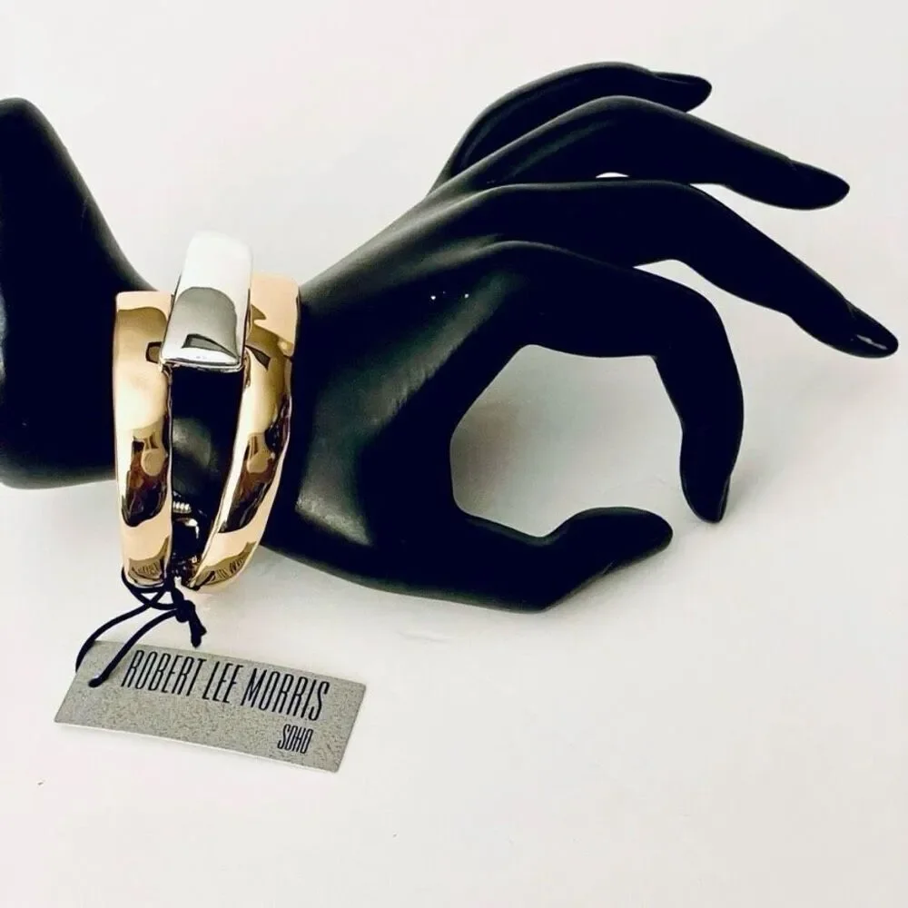 NWT Robert Lee Morris 2 Tone Gold/ Silver Criss Cross Cuff Hinge Bangle Bracelet